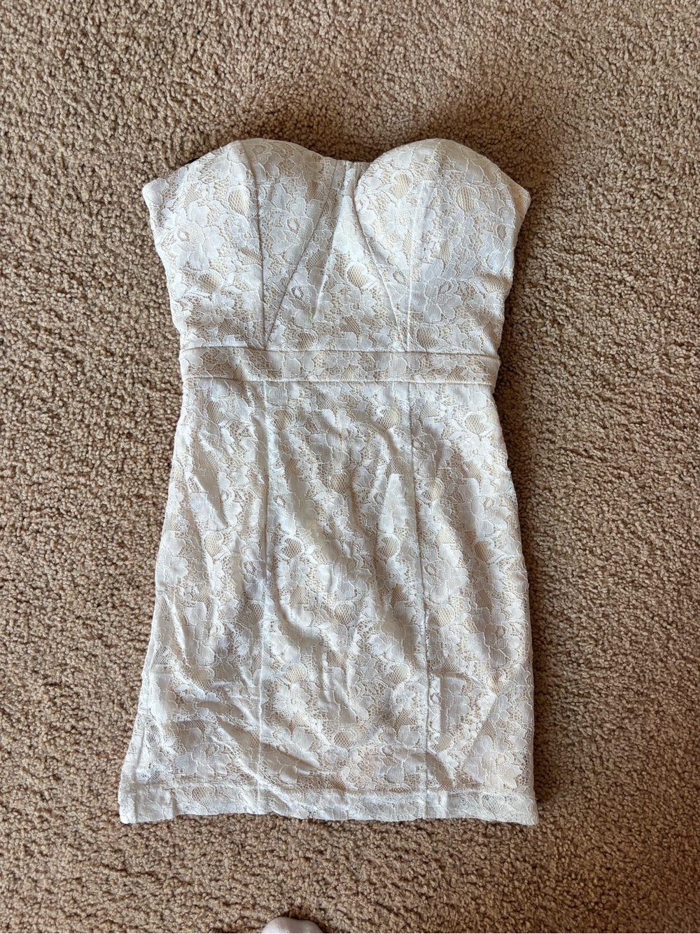 bebe Strapless Cream Lace Bodycon Dress